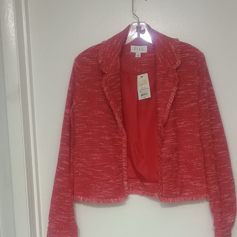 Elle Strawberry Pink And White Tweed Open Front Fringe Trim Jacket